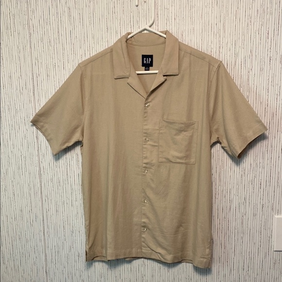 Gap Men's Size Small Linen Dress Shirt Short Sleeve Button-Up Khaki Relaxed - Picture 1 of 12